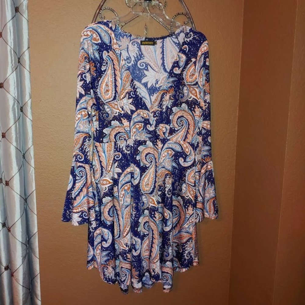 Fun, Colorful Paisley Print Dress with flared sleeve